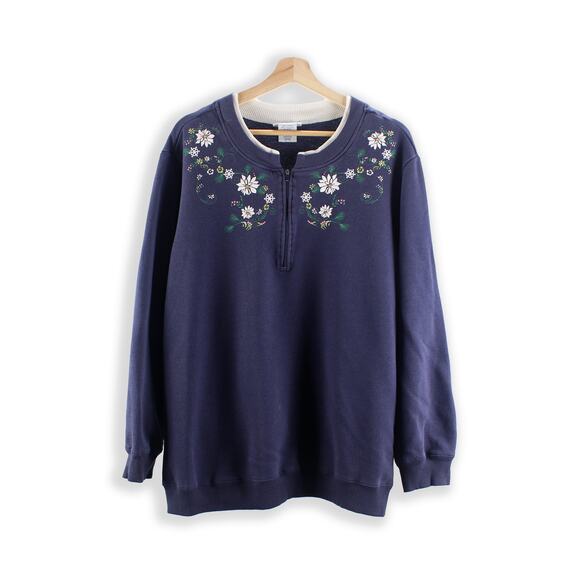 Vintage Jumper - Retro 90s Sweatshirt - 1/4th Zip Floral Sweater - 2XL - Picture 1 of 3